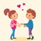 Pretty girl and curly boy hold hands each other. Cartoon illustration for valentine day. Falling in love concept.