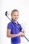 Pretty girl golfer on white backgroud in studio