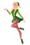 Pretty girl in green Christmas elf costume presenting and flying.