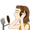 Pretty girl in headphones singing in recording studio