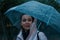 Pretty girl holding umbrella and strolling on rainy autumn day. photo looks like film frame or movie screenshot