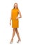 Pretty girl in ocher dress isolated on the white