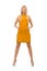 Pretty girl in ocher dress isolated on the white