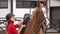 Pretty girl preparing saddle for riding horse.