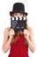 Pretty girl in red polka dot dress with movie board