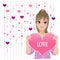 Pretty Girl showing loving heart on beaded curtain background