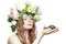 Pretty girl with snail and flower crown on head