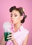 Pretty girl in vintage style. pinup girl with fashion hair. perfect housewife. pin up woman with trendy makeup. retro