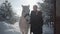 Pretty girl walks with horse in winter path, entering gates. Young woman leading her horse with his head collar talking