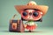 Pretty girl wearing skirt cartoon character, sombrero and sunglasses holding bag in hand. generative Ai