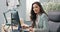 Pretty hard-working secretary of company assistant to boss manager sits at desk in office in front of computer screen