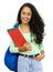 Pretty hispanic student with dental aligner and books and backpack