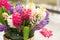 Pretty hyacinth flowers composition, cheerful spring bouquet made by florist