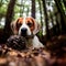 Pretty little beagle with truffle in the forest