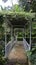 A pretty little bridge fenced in white and shaded by vine roof