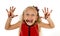 Pretty little female child with long blond hair and blue eyes wearing red dress showing dirty hands