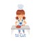 Pretty Little Girl in Apron at Kitchen Table Cutting with Knife Vector Illustration