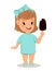 Pretty little girl in blue dress eating ice cream. Cute cartoon character.