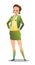 Pretty little girl in scout uniform with badges. Cheerful girl. Standing pose. Cartoon flat design in comic style