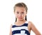 Pretty little girl in striped dress studio portrait, making a surprised face, white background