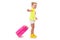 Pretty little girl in yellow shirt, white shorts and boots hold pink suitcase by the handle