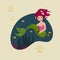 Pretty little mermaid princess with golden fish. Vibrant colors and cute character.