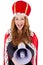 Pretty little queen holding megaphone isolated on