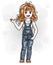 Pretty little red-haired girl in jeans wear. Vector illustration