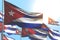 Pretty many Cuba flags are waving against blue sky image with soft focus - any feast flag 3d illustration