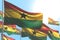 Pretty memorial day flag 3d illustration - many Ghana flags are wave against blue sky photo with selective focus