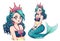 Pretty mermaid with curly cyan hair and shiny cyan fish tail and wearing shell crown. Retro anime style. Hand drawn vector