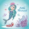 Pretty mermaid girl on underwater world with corals and fish waterturtle, seahorse background color