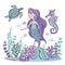 Pretty mermaid girl on underwater world with corals and fish waterturtle, seahorse background color.