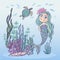 Pretty mermaid girl on underwater world with corals and fish waterturtle, seahorse background color