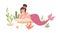 Pretty mermaid with hair bun and pink fish tail lying and resting at sea bed. Beautiful underwater fairy princess