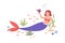 Pretty mermaid with violet tail playing with fish at sea bed. Cute underwater fairy princess in seashell bra and