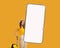 Pretty millennial woman with suitcase showing smartphone, mockup