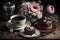 A pretty Mothers\\\' Day high tea with flowers, cake and coffee.