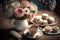 A pretty Mothers\\\' Day high tea with flowers, cake and coffee.