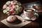 A pretty Mothers\\\' Day high tea with flowers, cake and coffee.