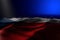 pretty national holiday flag 3d illustration - dark photo of Czechia flag lay on blue background with selective focus and empty