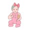 Pretty newborn baby girl dressed in romper suit sitting and holding rattle. Lovely little child or infant with toy