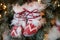 Pretty ornament of red and white winter boots tucked into branches of holiday tree