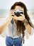 Pretty Photographer Woman Beach Vacation Lifestyle Concept