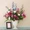 Pretty Pink and Lavender Flower Bouquet in White Vase with Blank Picture Frame with room or space for your words, text or copy. S