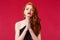 Pretty please. Hopeful cute silly redhead woman with red lipstick, black evening dress, asking eager to go party with
