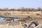 Pretty rocky waterhole with Zebras grazing