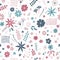 Pretty seamless pattern with flowers, leaves, berries and doodle elements. Vector illustration. Print for fabric and textile