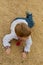 Pretty small boy closed in ukrainian shirt fall down on the sand