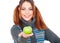 Pretty smiley woman holding green apple